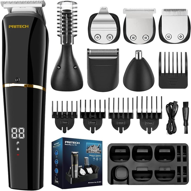 pritech Beard Trimmer for Men,6 in 1 Hair Clippers Kit, Precision Cordless Grooming Kit Waterproof IPX6 for Beard, Hair, Body, Nose, Ear, with Foil Razor (Black) - Image 1